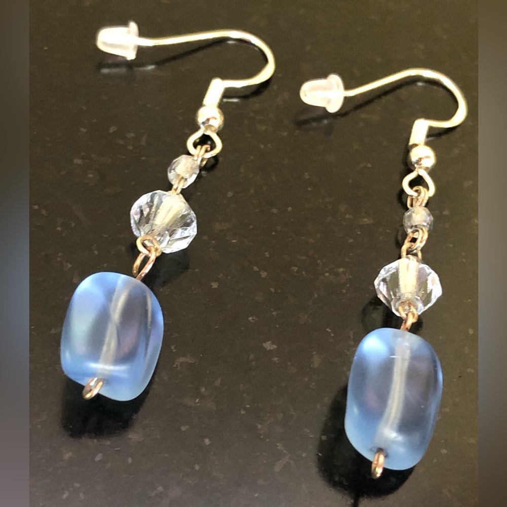 HAND CRAFTED Ice Blue "Sea Glass" Bead & Swarovski Crystal Accent Drop Earrings - Picture 4 of 14